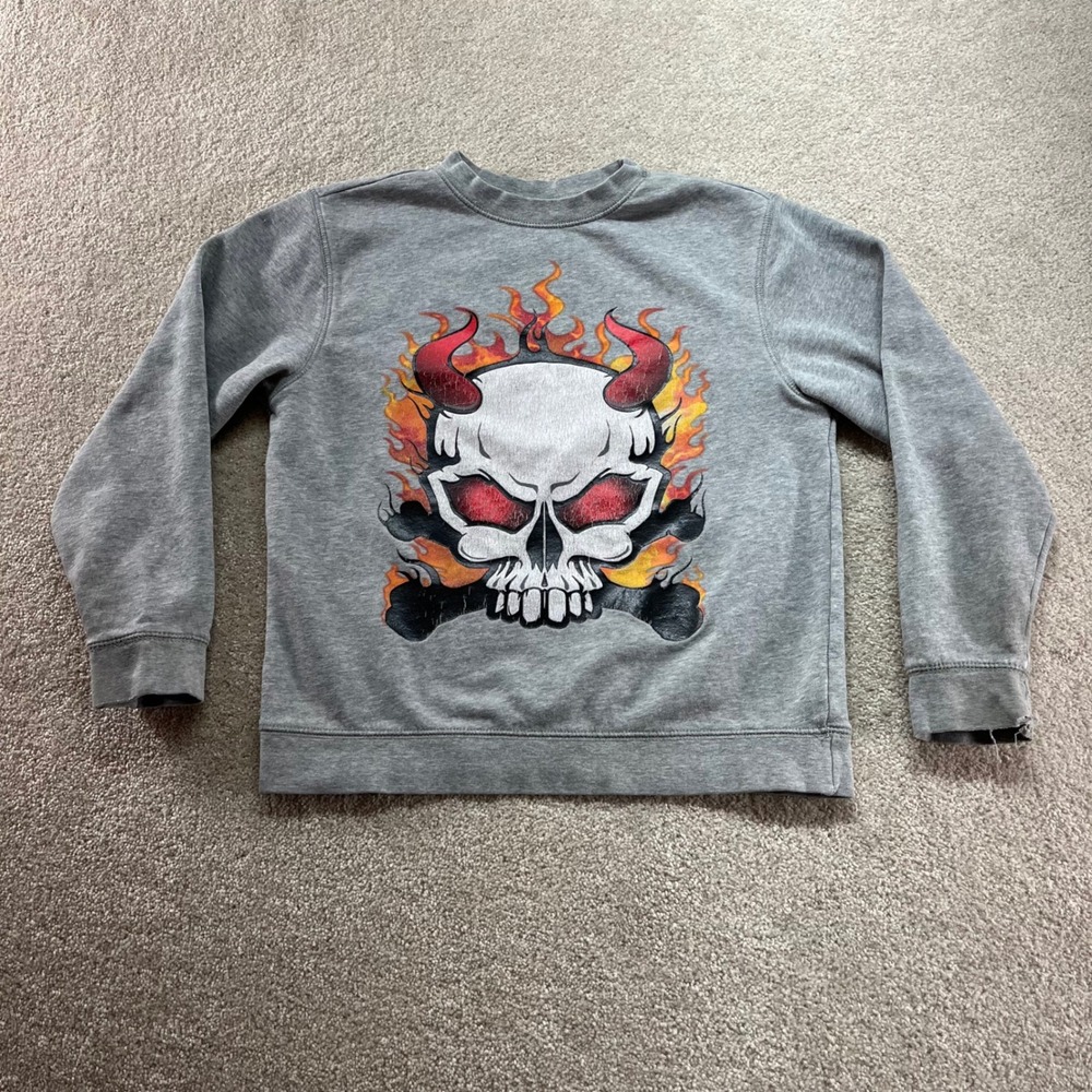 Joe Boxer Sweatshirt Youth Boys Large 10/12 Gray Skull Flame Graphic Crewneck
